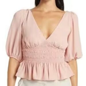 Wayf Blush Pink Puff Sleeve Smocked Peplum Crop Top